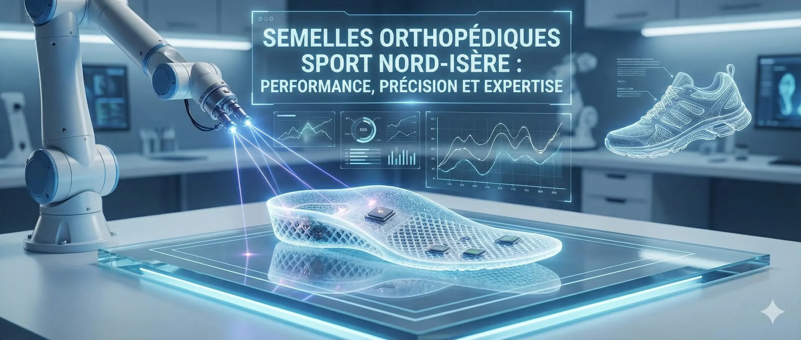 Semelles orthopédiques sport Nord-Isère avec analyse biomécanique du pied et du genou sur fond scientifique moderne.